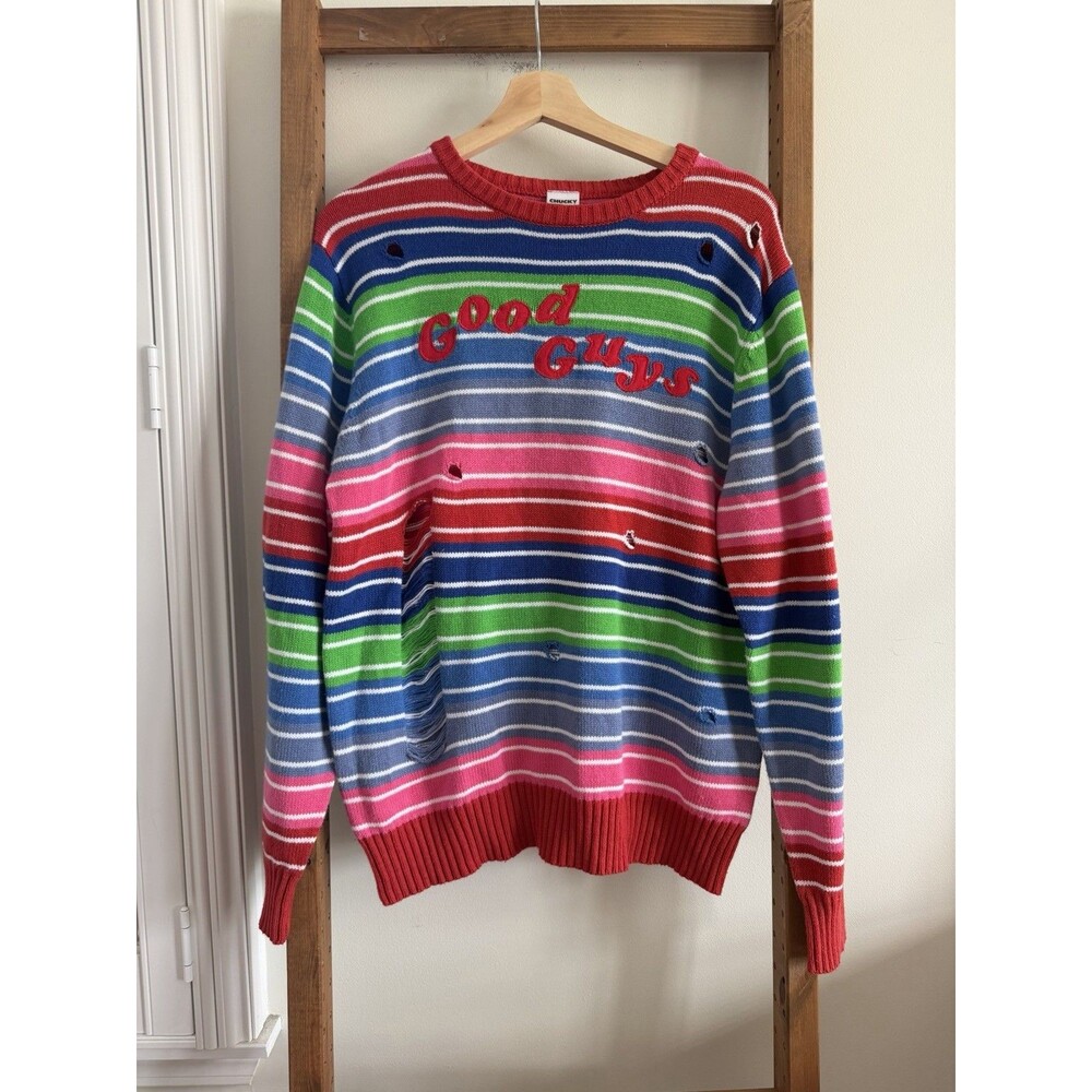 Chucky Good Guys Sweater Mens L Red Horror Distressed Chunky Knit Childs Play